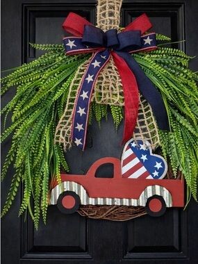 Patriotic Red Truck Door Hanger with Stars & Stripes Heart